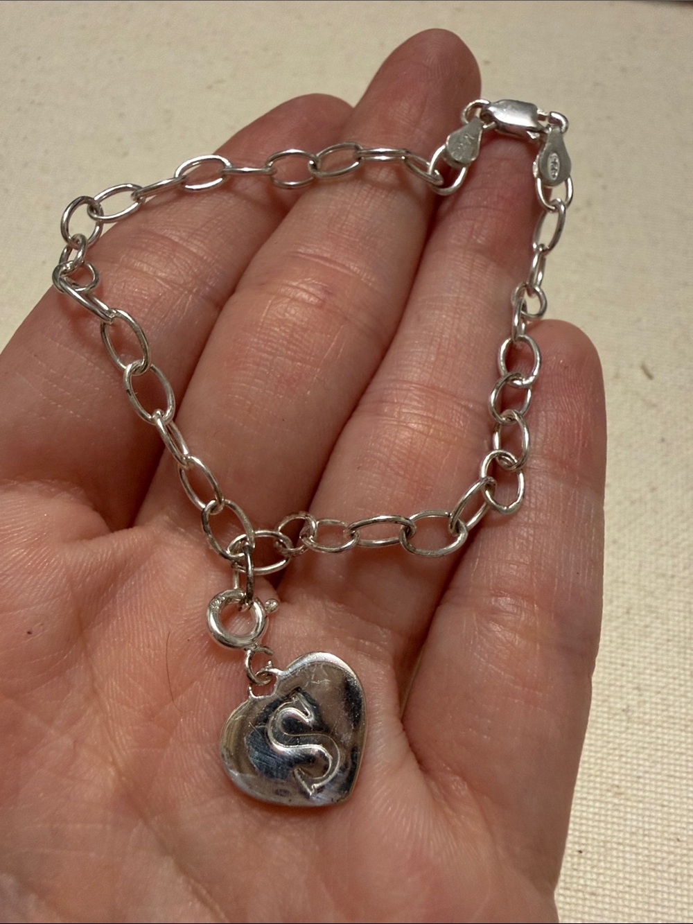 Sterling Silver 925 Heart Charm Bracelet with 'S' Initial 7.5’ inch